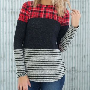 Red Plaid Long Sleeve Color Block